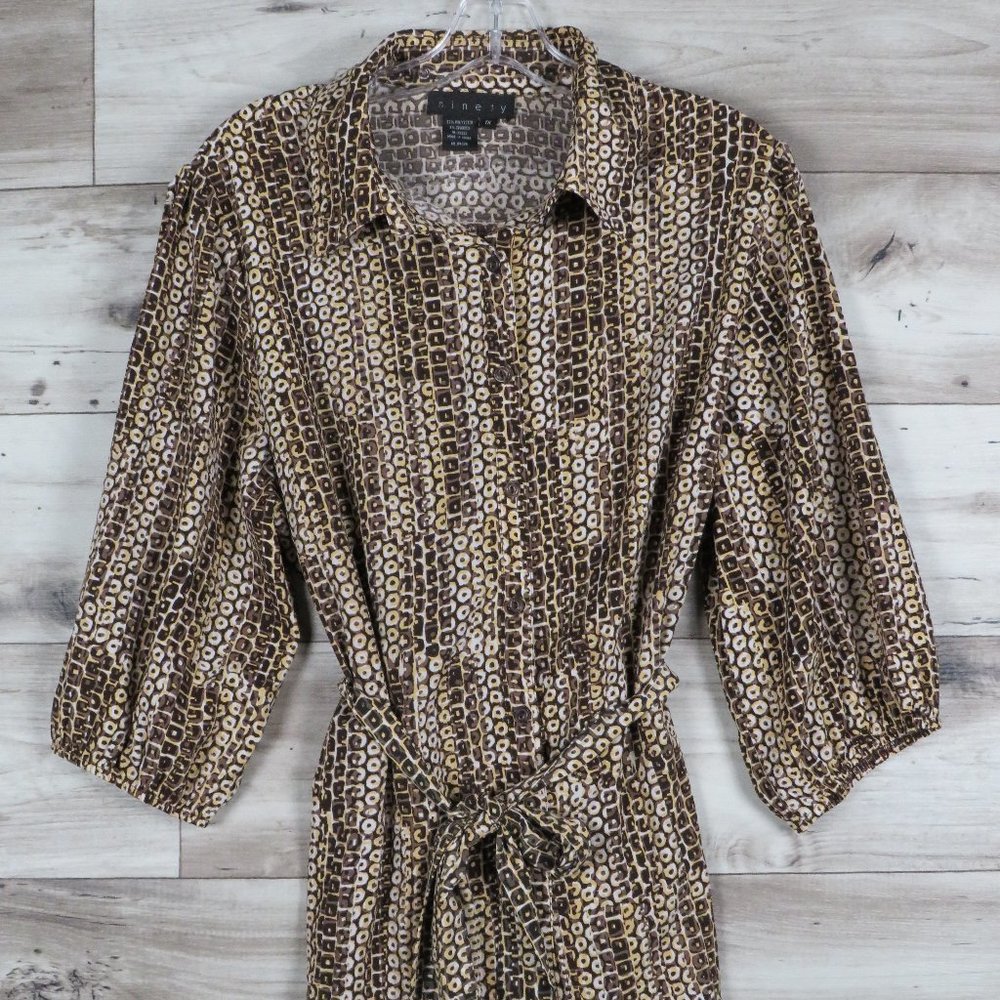 Ninety* Women's 3/4 Elastic Sleeve Cuff Button Down Tie Waist‎ Blouse~ Size 1X